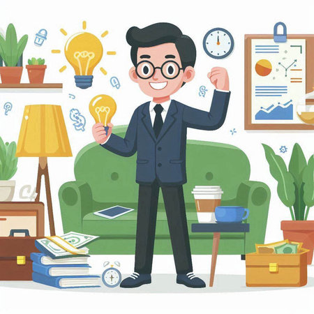 Businessman holding lightbulb in office. Vector illustration in cartoon styleのイラスト素材