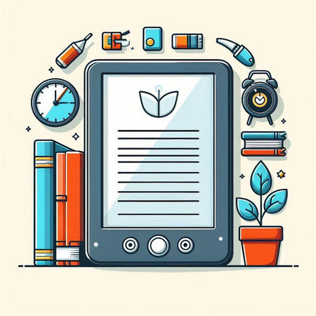 Tablet computer with a sheet of paper and stationery. Vector illustration.のイラスト素材