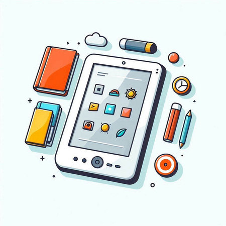 Illustration of tablet computer with various stationery objects on a white backgroundのイラスト素材