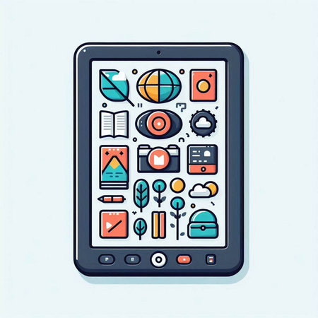 Smartphone with technology icons on screen. Vector illustration in flat styleのイラスト素材