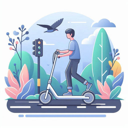 Man riding electric scooter on the road. Vector illustration in flat styleのイラスト素材