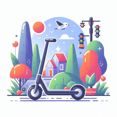 Electric scooter in the city. Vector illustration in flat style.のイラスト素材