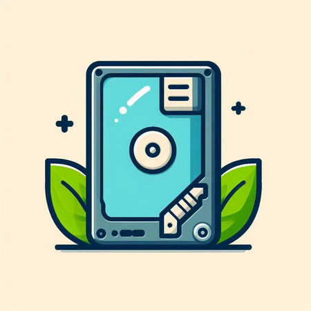 Computer hard drive with green leaves. Vector illustration in flat style.のイラスト素材