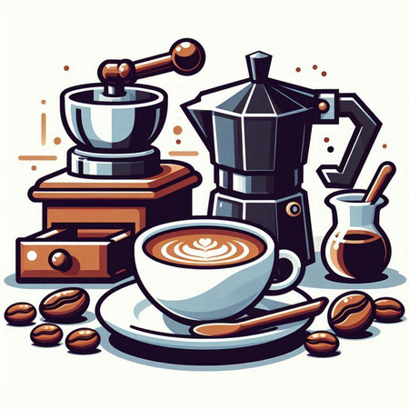 Coffee beans, coffee grinder and coffee cup. Vector illustration.のイラスト素材