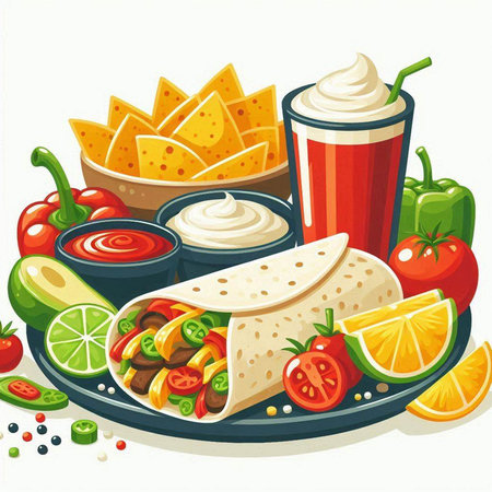 Mexican food vector illustration. Tortilla chips, nachos, salsa, guacamole, tomato, pepper, lime, onion, cucumber.のイラスト素材