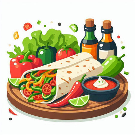 Tortilla with vegetables and sauce. Vector illustration in cartoon styleのイラスト素材