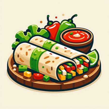 Mexican fast food vector illustration. Doner kebab with vegetables and sauce.のイラスト素材
