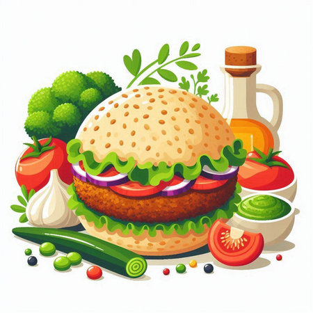 Big hamburger with vegetables on a white background. Vector illustration.のイラスト素材