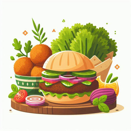 Hamburger with fresh vegetables. Vector illustration in cartoon style.のイラスト素材