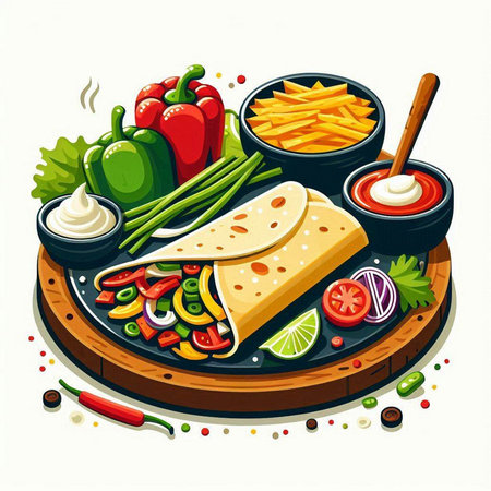 Mexican food vector illustration. Tasty mexican tortilla with vegetables and sauceのイラスト素材