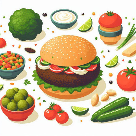 Hamburger with ingredients. Vector illustration of hamburger with vegetables.のイラスト素材