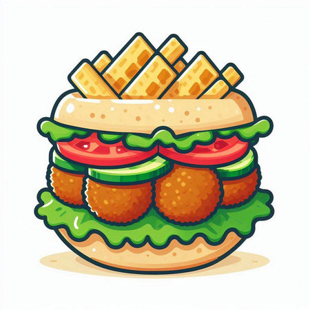 Illustration of a hamburger with fries, vegetables and cheese.のイラスト素材