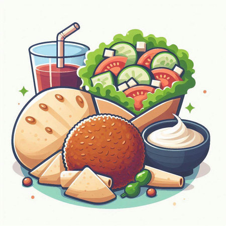 Illustration of a bowl of salad, bread, cheese, yogurt and tomato juiceのイラスト素材