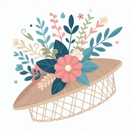 Basket with flowers and leaves. Vector illustration of a basket with flowers.のイラスト素材
