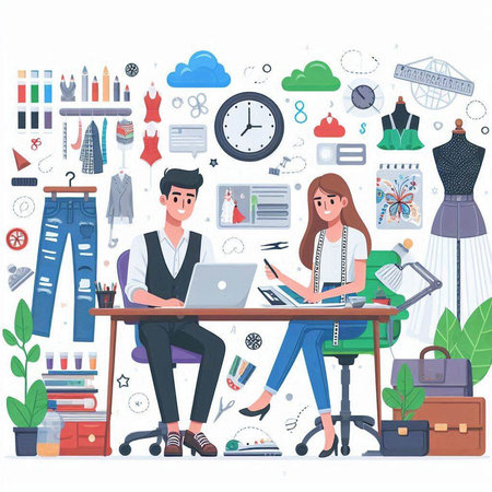 Fashion designer man and woman working at the office. Vector illustrationのイラスト素材