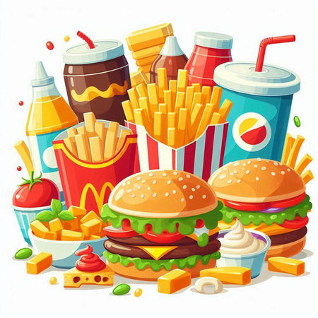 Fast food set. Hamburger, french fries, ketchupnnaisennaise. Vector illustrationのイラスト素材