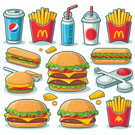 Fast food icons set. Vector illustration of hamburger, cheeseburger, french fries, soda and cola.のイラスト素材