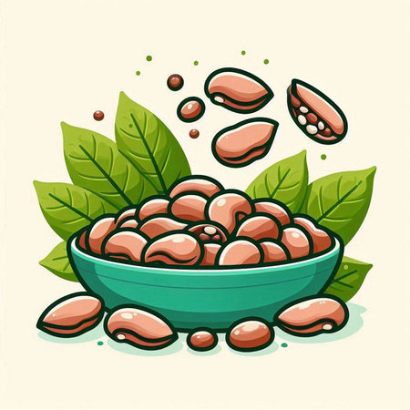 Coffee beans in a bowl with leaves. Vector illustration.のイラスト素材