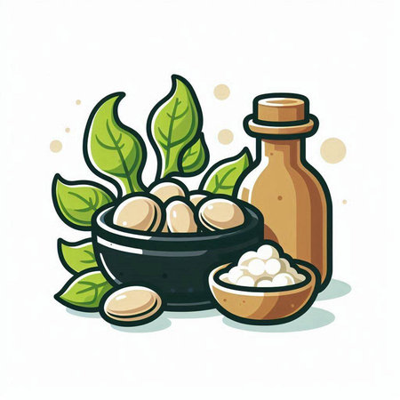 Illustration of a bowl of soybeans and a bottle of soy oilのイラスト素材