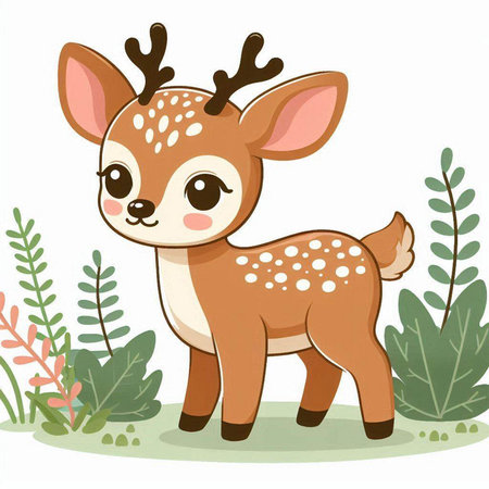Cute little deer on a background of plants. Vector illustration.のイラスト素材