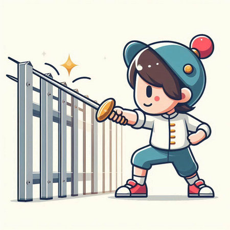 Cute little boy playing with a wooden fence. Vector illustration.のイラスト素材