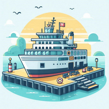 Cruise ship on the pier. Vector illustration in flat style.のイラスト素材