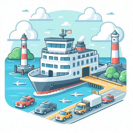 Cruise ship on the sea. Vector illustration in cartoon style.のイラスト素材