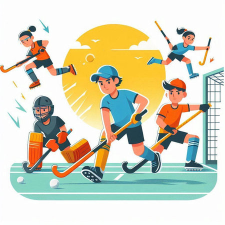 Group of people playing hockey. Cartoon vector illustration. Flat style.のイラスト素材