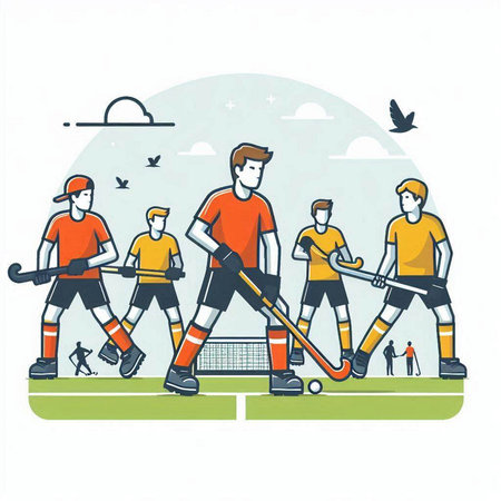 Hockey players, vector illustration in flat design style. Group of men and women playing hockey.のイラスト素材