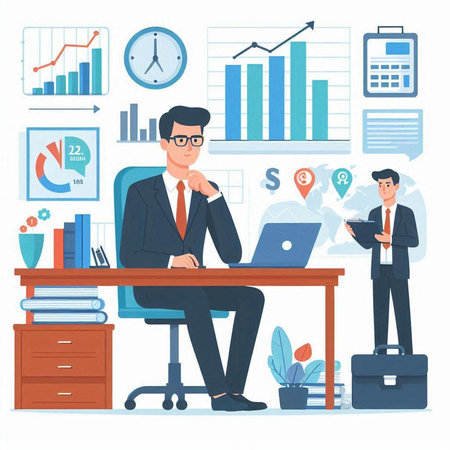 Businessman working in office. Male character sitting at desk in front of laptop. Man in suit and tie at workplace. Vector illustration in flat styleのイラスト素材