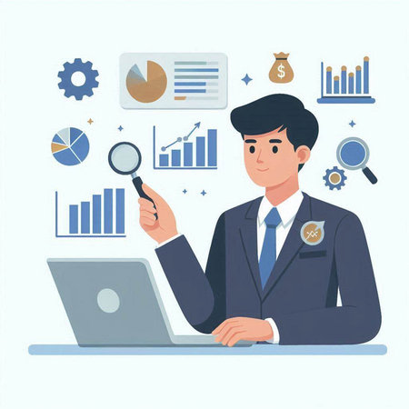 Businessman working with laptop and magnifying glass. Vector illustration.のイラスト素材