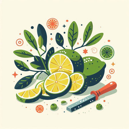 Citrus fruits. Vector illustration in flat cartoon style. Lemons, limes, lemons, oranges and lime slices.のイラスト素材