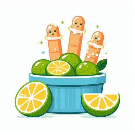 Cute cartoon limes and slices in a bowl. Vector illustration.のイラスト素材