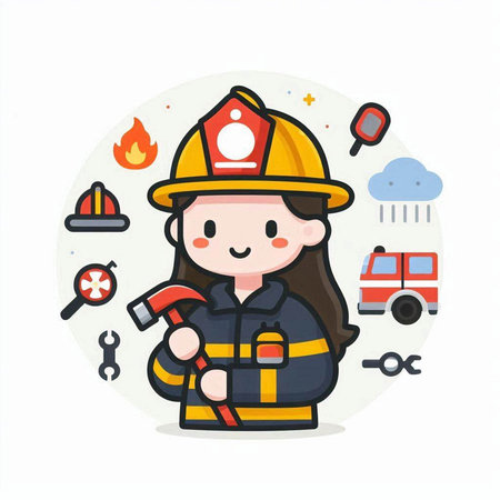Firefighter girl with tools. Vector illustration in a flat style.のイラスト素材