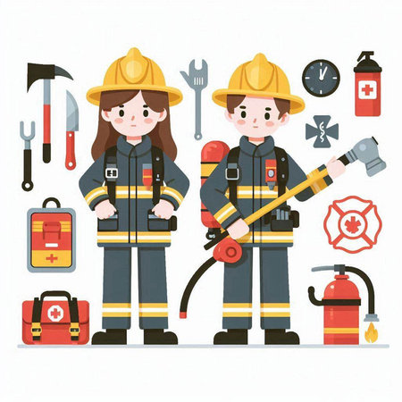 Fireman and fireman with tools. Vector illustration in flat style.のイラスト素材
