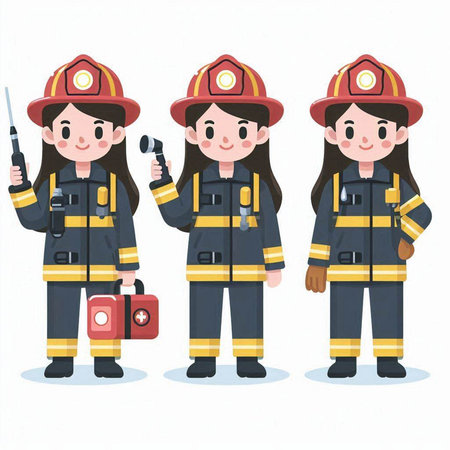 Fireman and firefighter woman in uniform. Cartoon style vector illustration.のイラスト素材