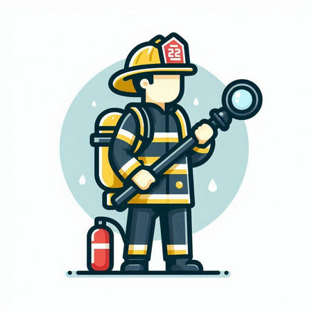 Firefighter with a magnifying glass and fire extinguisher. Vector illustration.のイラスト素材