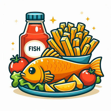 Fish with french fries and ketchup on plate. Vector illustration.のイラスト素材