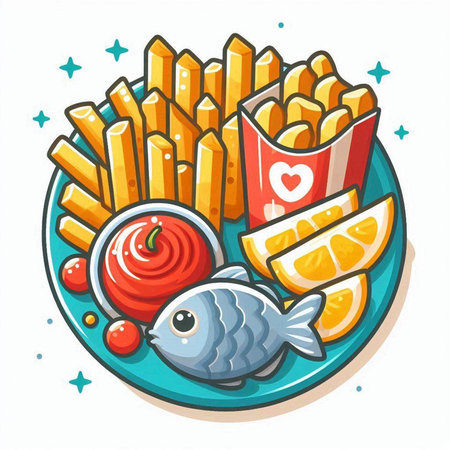 Illustration of a plate with fish and french fries on a white backgroundのイラスト素材