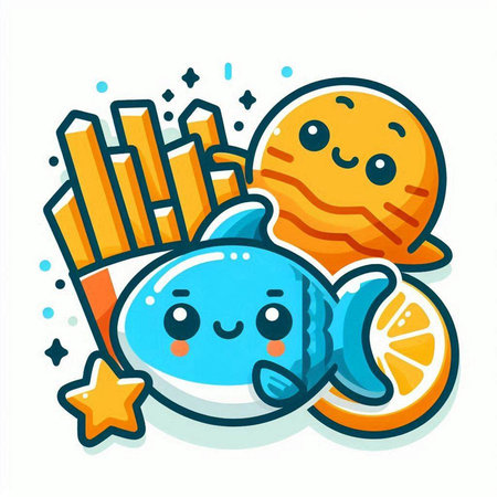 Cute kawaii fish, starfish, french fries and orange. Vector illustration.のイラスト素材