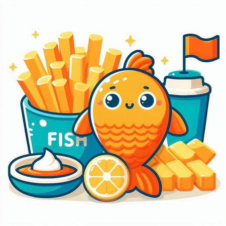 Funny fish with french fries. Vector illustration in cartoon style.のイラスト素材