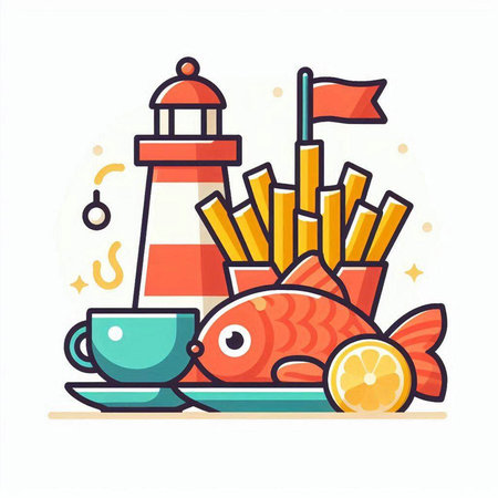 Coffee, fish and chips. Vector illustration in flat styleのイラスト素材