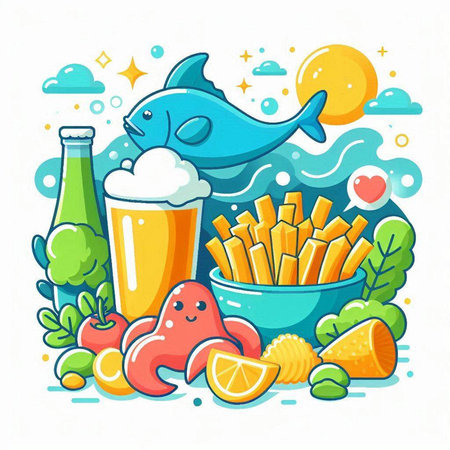 Vector illustration of fish, chips and beer. Food and drink concept.のイラスト素材