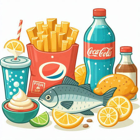 Illustration of a set of fast food and drinks on a white backgroundのイラスト素材