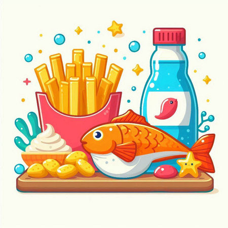 Illustration of fish, french fries and a bottle of water.のイラスト素材