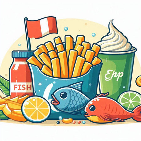 French fries, fish and ice cream. Vector illustration of fast food.のイラスト素材