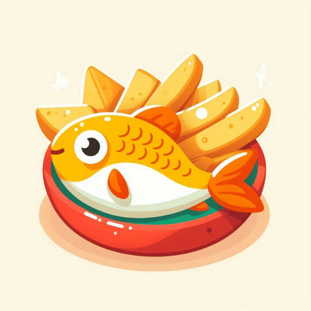 Funny fish with chips on a plate. Vector illustration in cartoon styleのイラスト素材