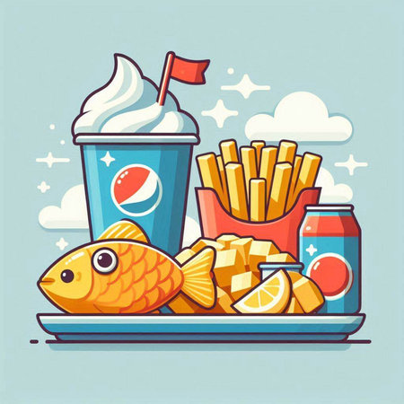 Fried fish, chips, soda and cola. Vector illustrationのイラスト素材