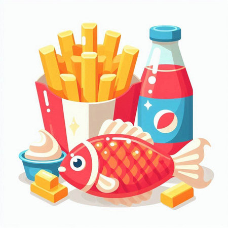 Fast food. French fries, ice cream, soda and fish.のイラスト素材