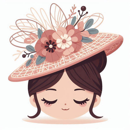 Girl in a hat with flowers in her hair. Vector illustration.のイラスト素材